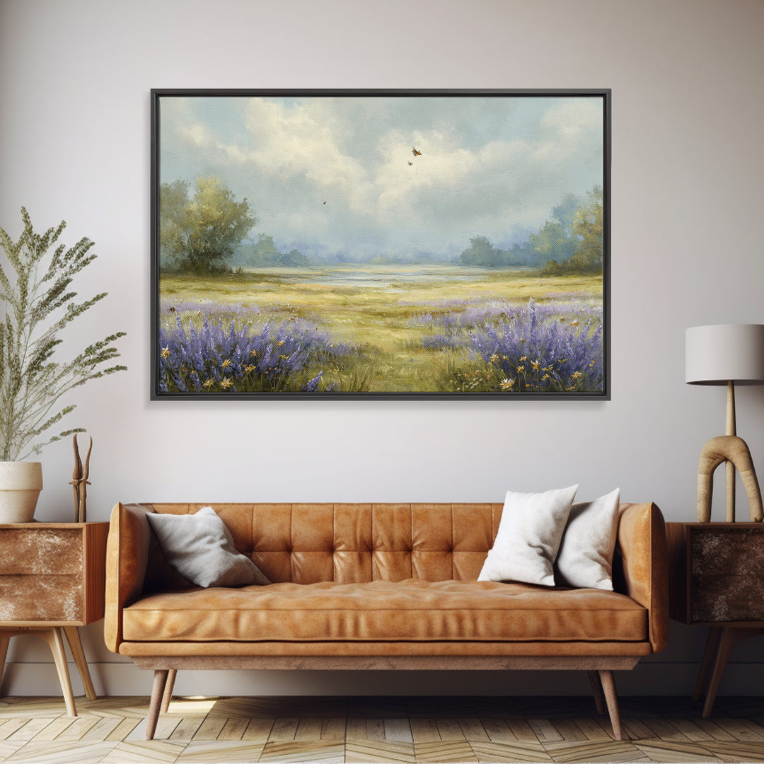 Bees Circling Lavender Blossoms Canvas Print, Nature Art, Digital Download Art, Living Room Decor, Nature, Luxury Decor, NAT-3x2-51
