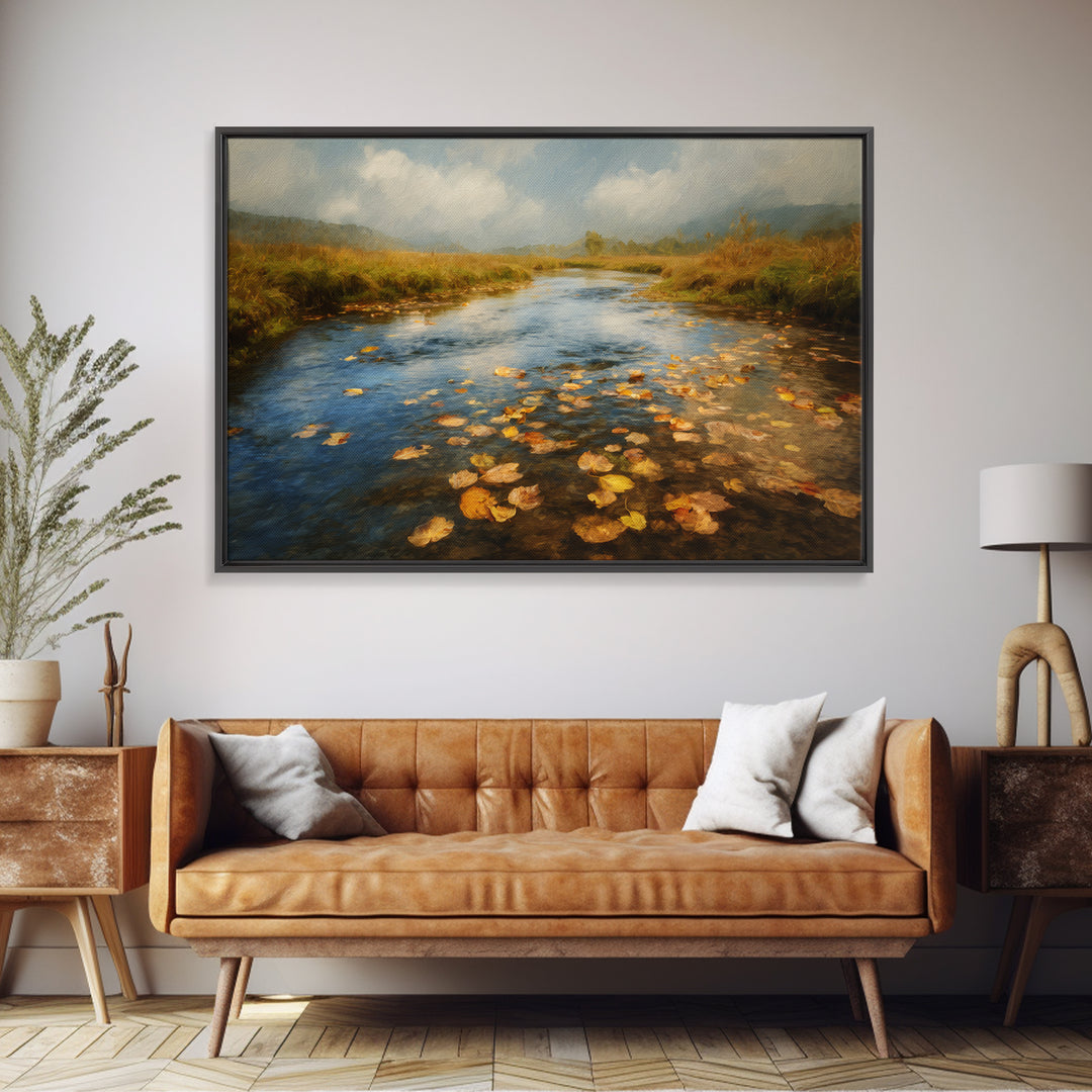 Autumn Leaves Floating on Quiet Stream Canvas Print, Nature Art, Modern Wall Art, Living Room Decor, Watercolor Art, Nature, NAT-3x2-58
