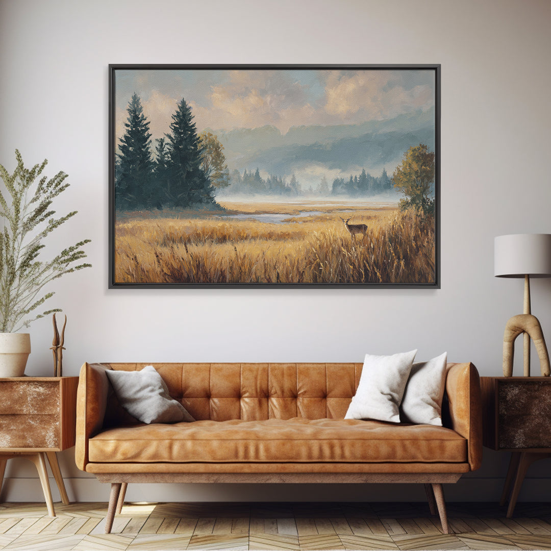 Deer Standing in a Golden Field Framed Canvas Print, Nature Art, Mountain Art, Living Room Decor, Nature, Minimalist Decor, NAT-3x2-60