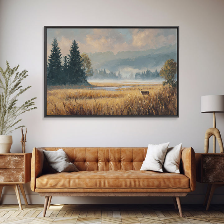 Deer Standing in a Golden Field Framed Canvas Print, Nature Art, Mountain Art, Living Room Decor, Nature, Minimalist Decor, NAT-3x2-60
