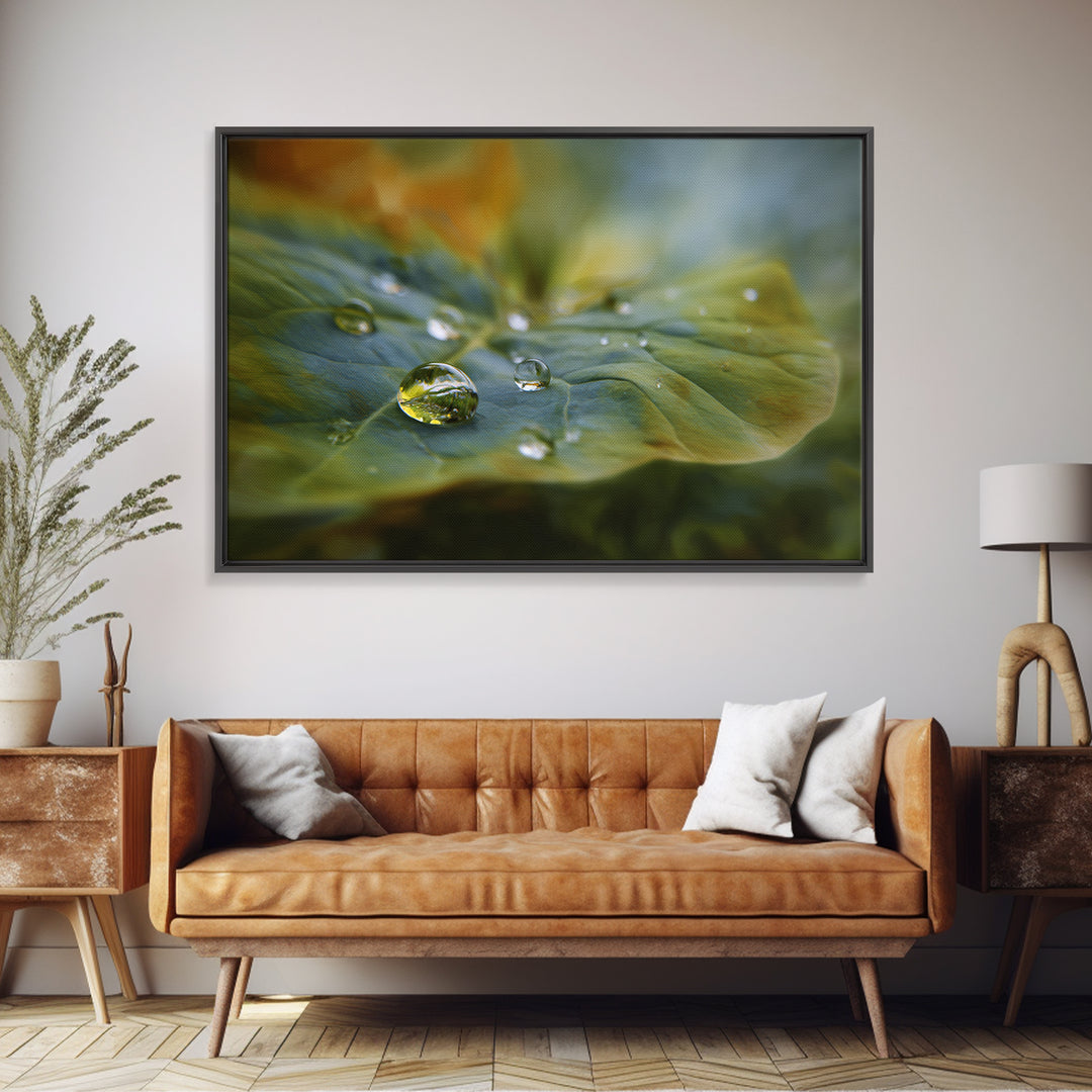 Rain Drops on a Large Green Leaf Canvas Print, Nature Art, Mountain Wall Art, Living Room Decor, Watercolor Art, Nature, NAT-3x2-61