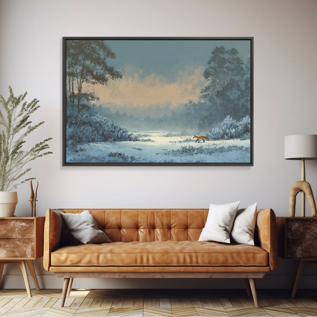 Fox Crossing a Snowy Forest Clearing Canvas Print, Nature Art, Wood Wall Art, Living Room Decor, Nature, Digital Download Art, NAT-3x2-62