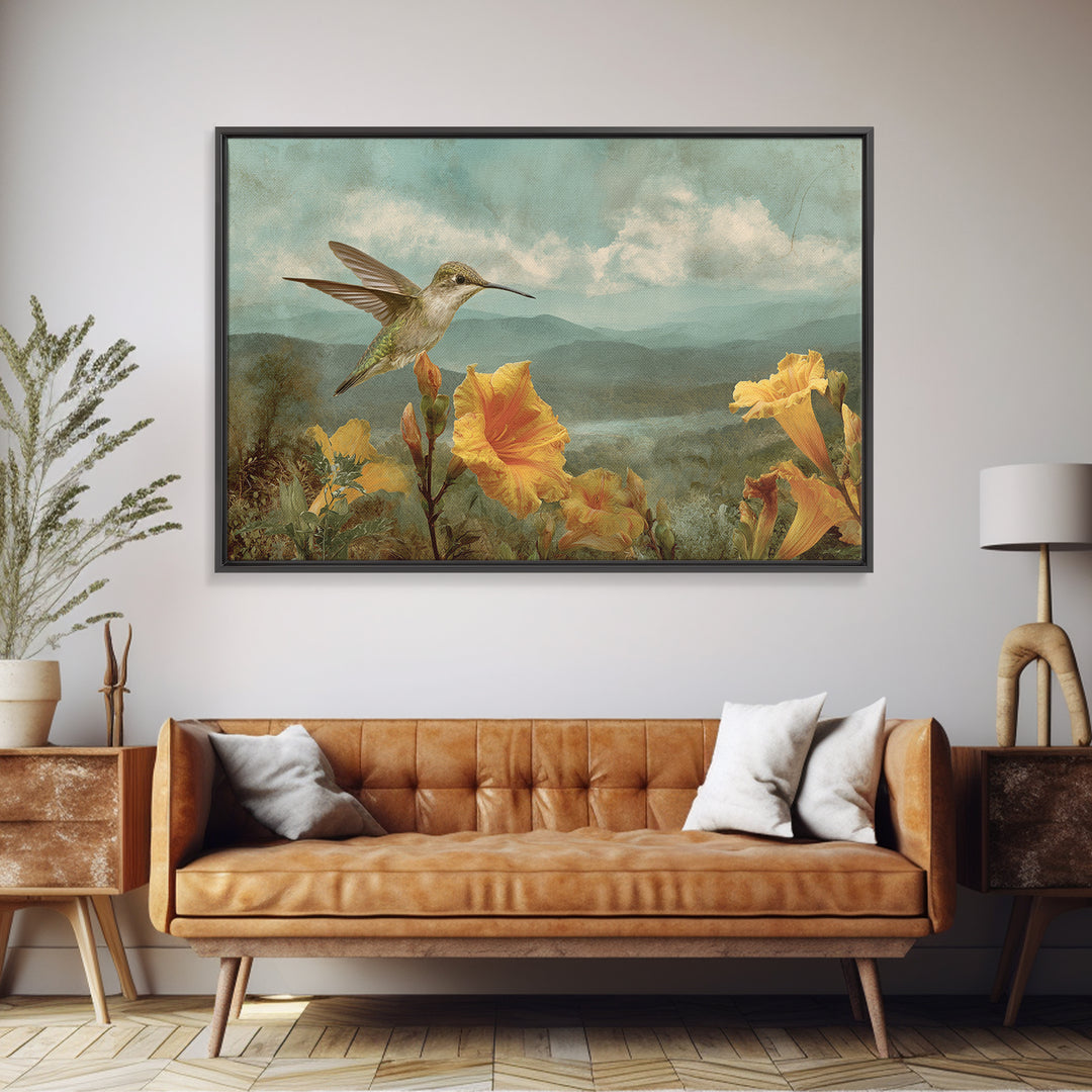 Hummingbird Beside Bright Trumpet Flowers Framed Canvas Print, Nature Art, Gallery Decor, Living Room Decor, Fine Art, Nature, NAT-3x2-64
