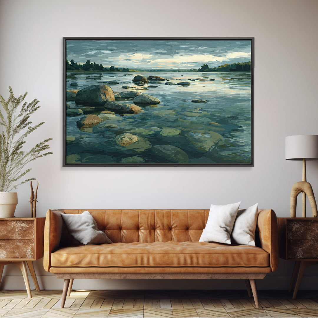 River Stones under Clear Shallow Water Framed Canvas Print, Nature Art, Moss Art, Living Room Decor, Watercolor Art, Nature, NAT-3x2-65
