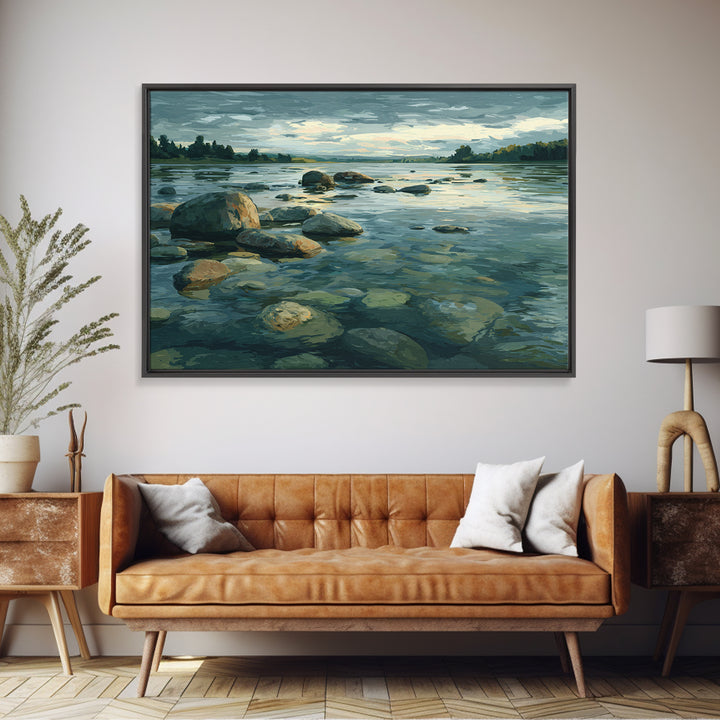 River Stones under Clear Shallow Water Framed Canvas Print, Nature Art, Moss Art, Living Room Decor, Watercolor Art, Nature, NAT-3x2-65