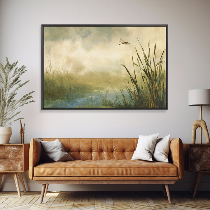 Dragonfly over a Pond with Reeds Framed Canvas Print, Nature Art, Abstract Wall Art, Living Room Decor, Fine Art, Nature, NAT-3x2-70