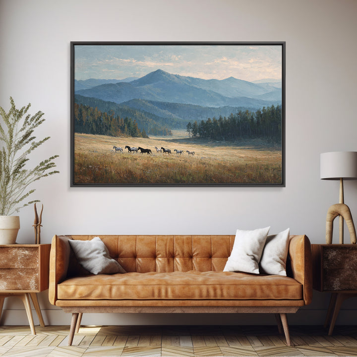 Wild Horses Running Near Mountain Ridge Framed Canvas Print, Nature Art, 3d Wall Art, Living Room Decor, Fine Art, Nature, NAT-3x2-74