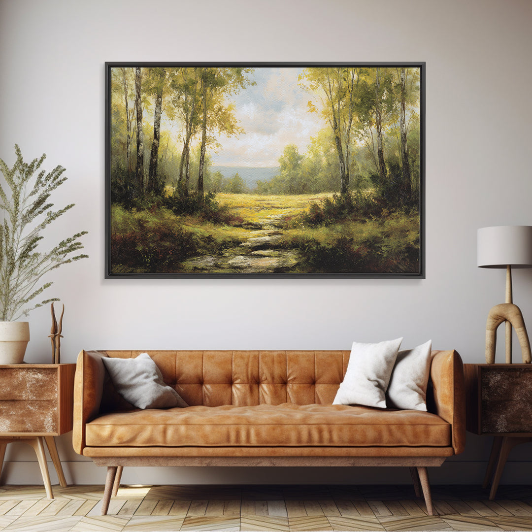 Sunlit Forest Path Framed Canvas Print, Nature Art, Gallery Decor, Living Room Decor, Fine Art, Nature, Contemporary Art, NAT-3x2-77