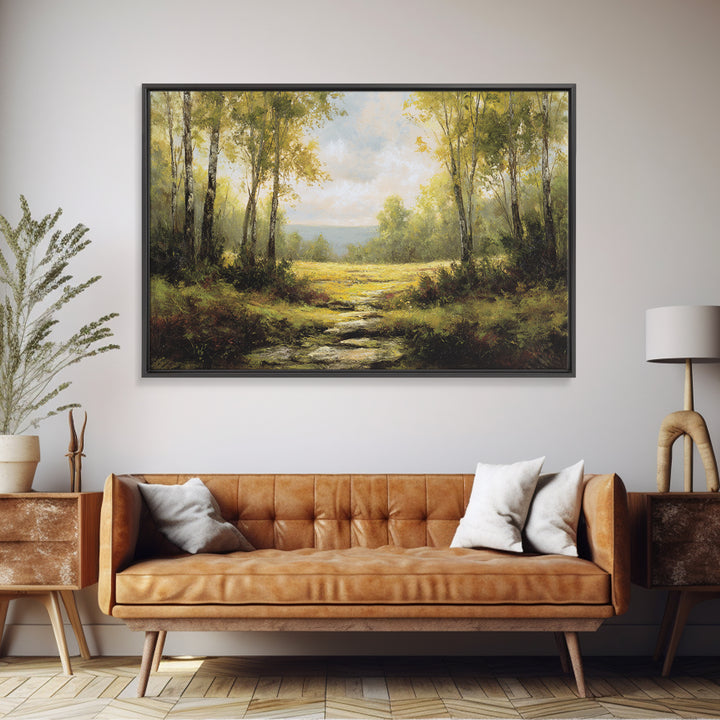 Sunlit Forest Path Framed Canvas Print, Nature Art, Gallery Decor, Living Room Decor, Fine Art, Nature, Contemporary Art, NAT-3x2-77