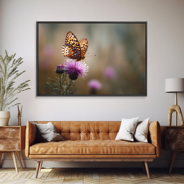 Butterfly Resting on a Blooming Thistle Framed Canvas Print, Nature Art, Framed Art, Living Room Decor, Oil Painting, Nature, NAT-3x2-8