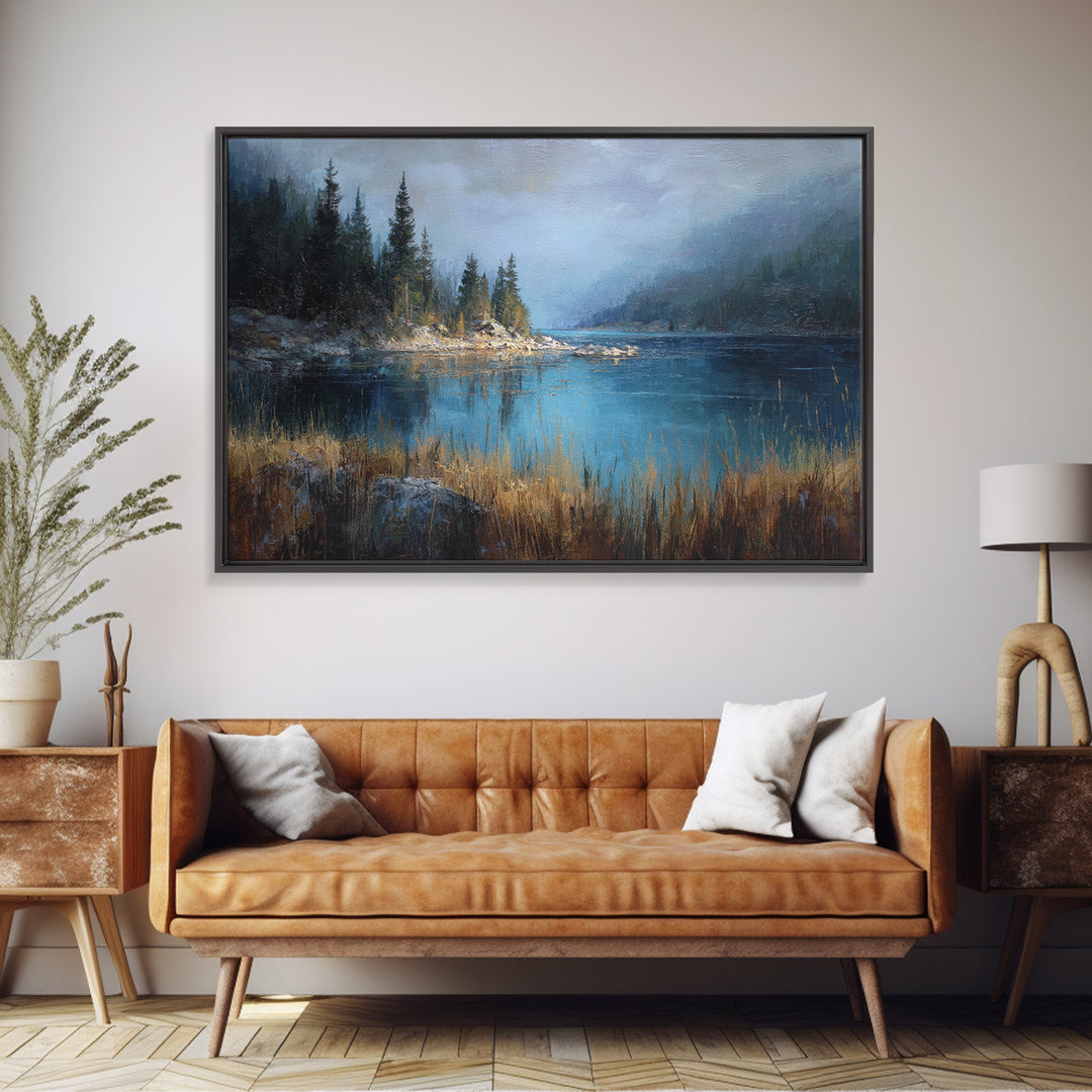 Misty Mountain Lake Framed Canvas Print, Nature Art, Ocean Art, Living Room Decor, Fine Art, Nature, Art Print, NAT-3x2-81