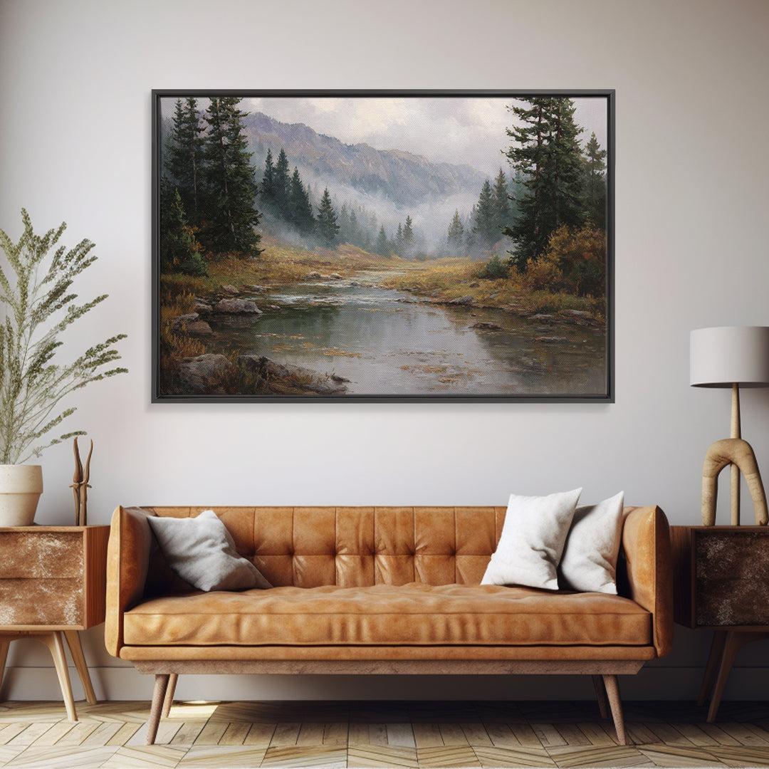 Autumn Leaves Floating on Quiet Stream Framed Canvas Print, Nature Art, Landscape Art, Living Room Decor, Oil Painting, Nature, NAT-3x2-82