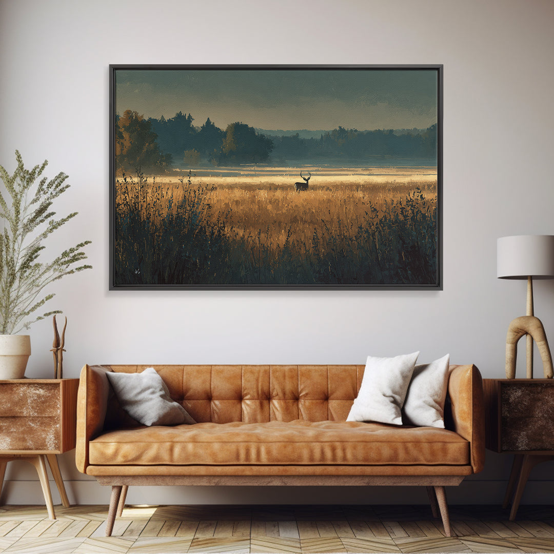 Deer Standing in a Golden Field Canvas Print, Nature Art, Boho Decor, Living Room Decor, Fine Art, Nature, Wall Decor, NAT-3x2-84