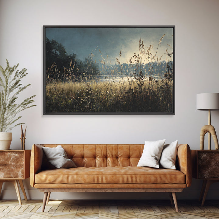 Sunrise Through Tall Grass and Wildflowers Framed Canvas Print, Nature Art, Fine Art Print, Living Room Decor, Fine Art, Nature, NAT-3x2-87
