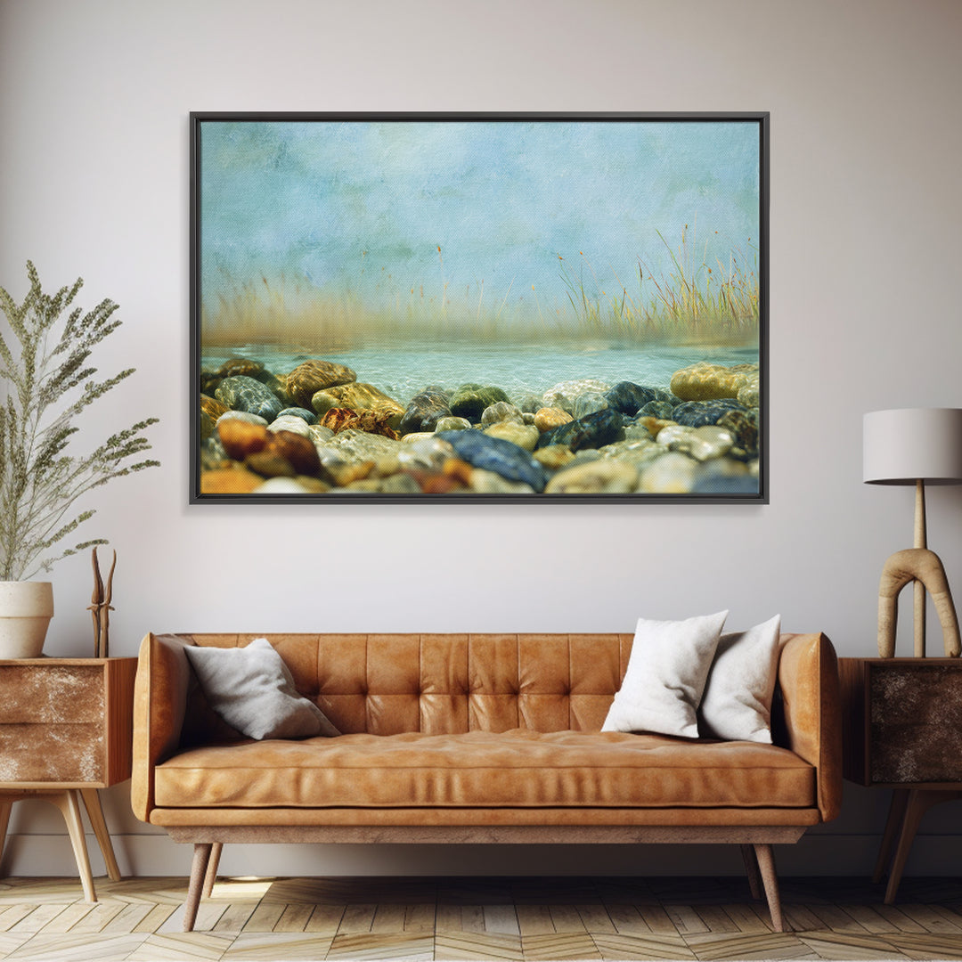 River Stones under Clear Shallow Water Canvas Print, Nature Art, Nature Wall Art, Living Room Decor, Oil Painting, Nature, NAT-3x2-89