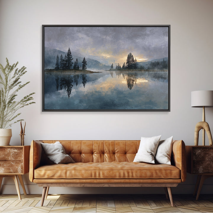 Misty Mountain Lake Framed Canvas Print, Nature Art, Abstract Wall Art, Living Room Decor, Oil Painting, Nature, Bird Wall Art, NAT-3x2-9