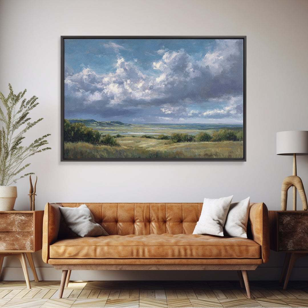 Storm Clouds over a Rolling Prairie Framed Canvas Print, Nature Art, Living Room Wall Art, Living Room Decor, Fine Art, Nature, NAT-3x2-90