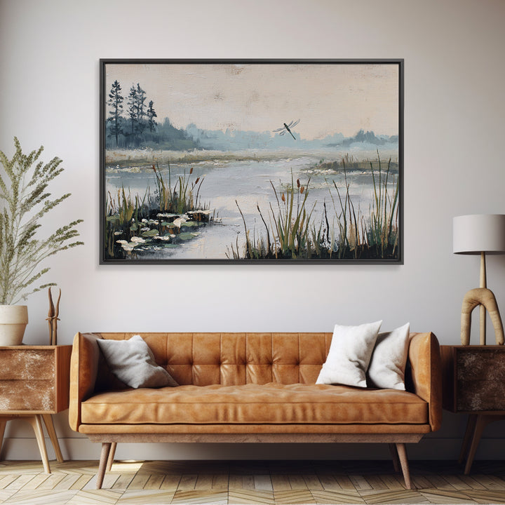 Dragonfly over a Pond with Reeds Canvas Print, Nature Art, Stained Glass Art, Living Room Decor, Abstract Art, Nature, NAT-3x2-94