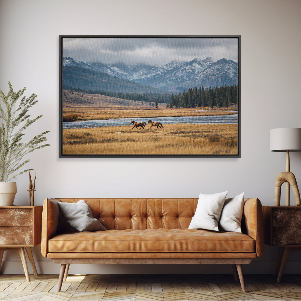 Wild Horses Running Near Mountain Ridge Canvas Print, Nature Art, Mountain Wall Art, Living Room Decor, Oil Painting, Nature, NAT-3x2-98