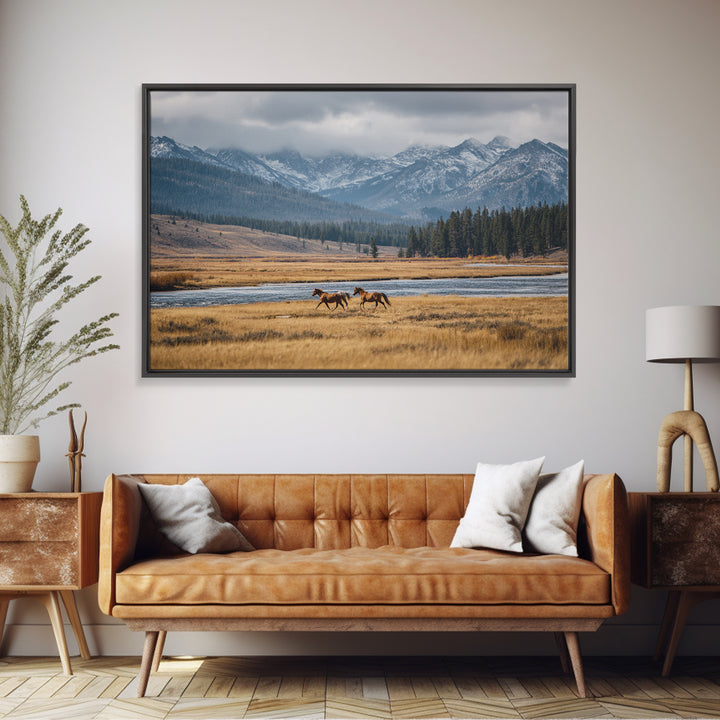 Wild Horses Running Near Mountain Ridge Canvas Print, Nature Art, Mountain Wall Art, Living Room Decor, Oil Painting, Nature, NAT-3x2-98