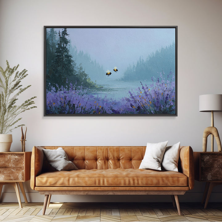Bees Circling Lavender Blossoms Framed Canvas Print, Nature Art, Minimalist Decor, Living Room Decor, Fine Art, Nature, NAT-3x2-99