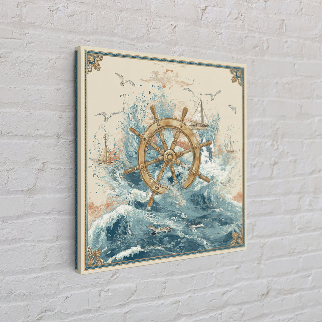 Ship Wheel with Sea Spray Background Framed Canvas Print, Nautical Art, Nautical, Coastal Decor, Fine Art, Harbor, Modern Decor, NAU-1x1-39