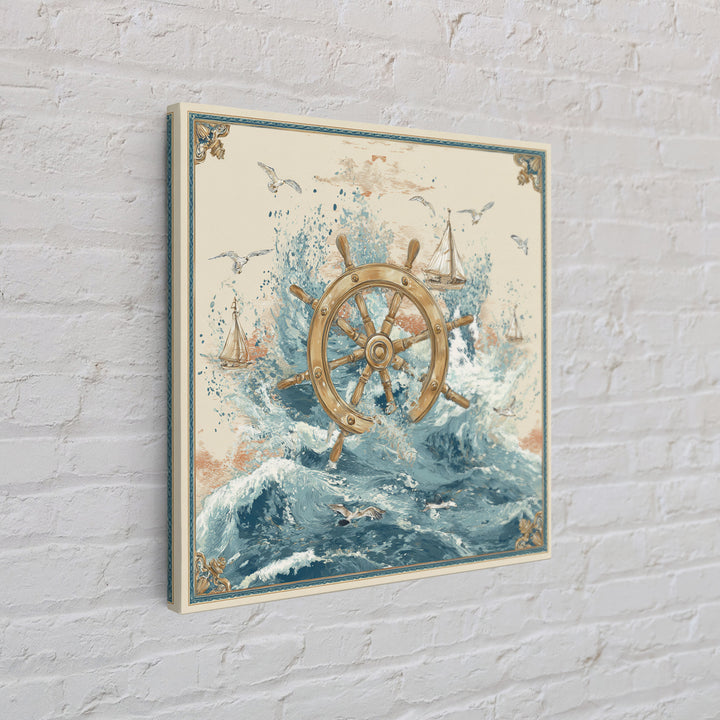 Ship Wheel with Sea Spray Background Framed Canvas Print, Nautical Art, Nautical, Coastal Decor, Fine Art, Harbor, Modern Decor, NAU-1x1-39