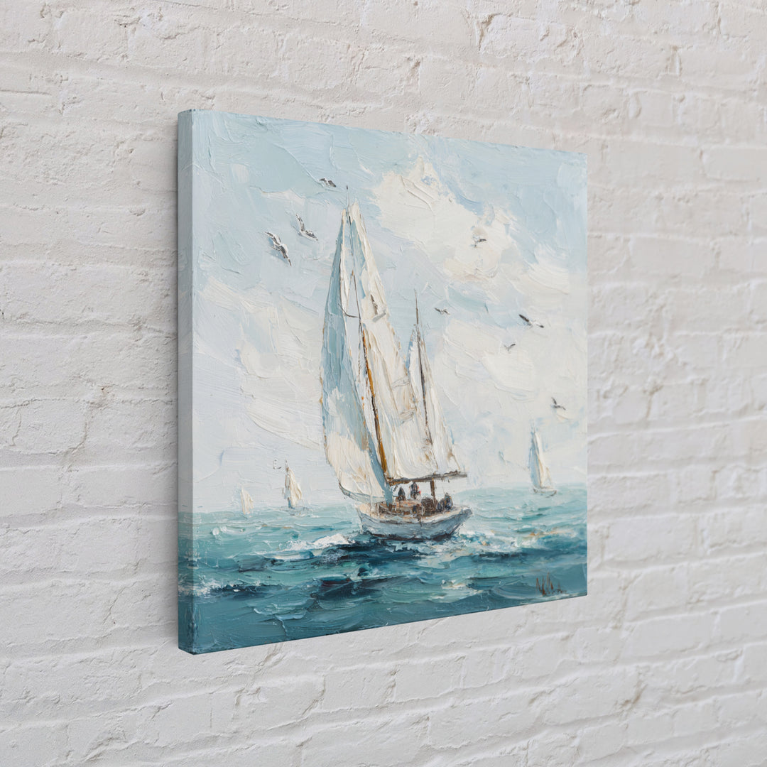 Classic Yacht Racing Through Whitecaps Framed Canvas Print, Nautical Art, Coastal Decor, Oil Painting, Harbor, Fine Art Print, NAU-1x1-43