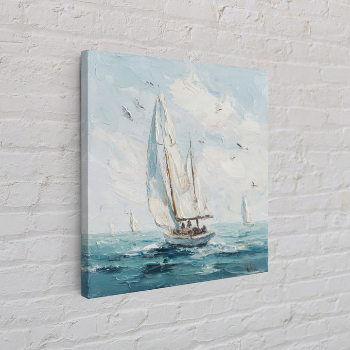 Classic Yacht Racing Through Whitecaps Framed Canvas Print, Nautical Art, Coastal Decor, Oil Painting, Harbor, Fine Art Print, NAU-1x1-43