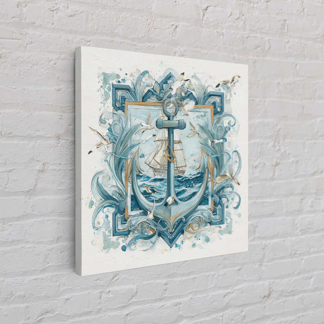 Anchor and Laurel Nautical Crest Without Text Framed Canvas Print, Nautical Art, Textured Painting, Coastal Decor, Harbor, NAU-1x1-53