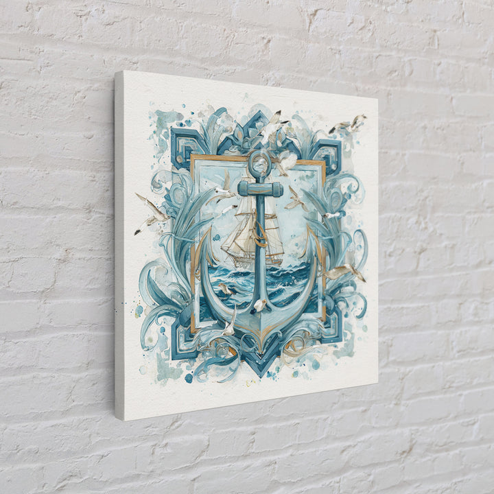 Anchor and Laurel Nautical Crest Without Text Framed Canvas Print, Nautical Art, Textured Painting, Coastal Decor, Harbor, NAU-1x1-53