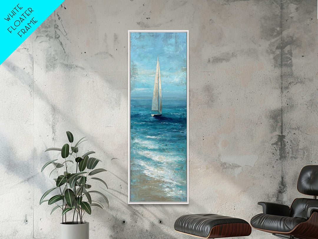 Sailboat Leaning into Wind on Blue Water Canvas Print, Nautical Art, Minimalist Decor, Coastal Decor, Fine Art, Harbor, NAU-1x3-13