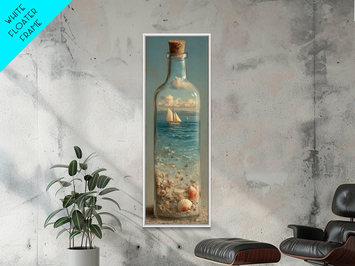 Bottle with Tiny Ship and Ocean Inside Framed Canvas Print, Nautical Art, Oil Painting, Coastal Decor, Fine Art, Harbor, NAU-1x3-52
