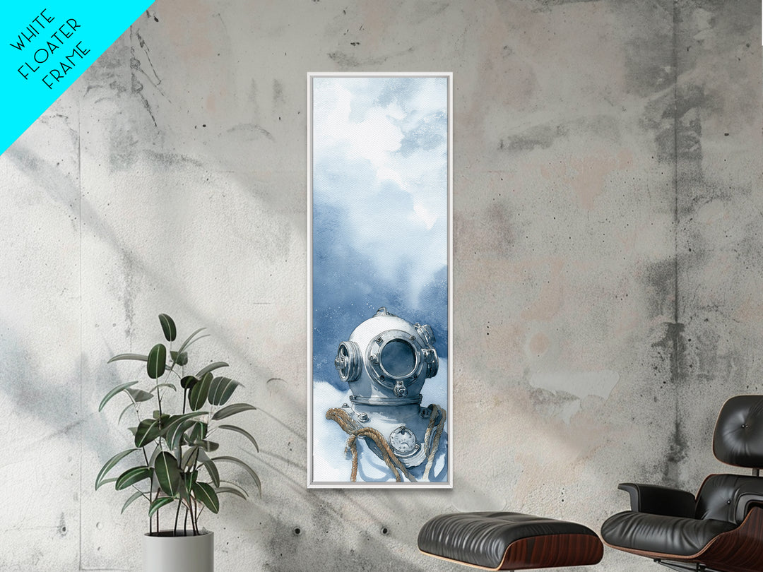Deep Sea Diver Helmet Still Life Framed Canvas Print, Nautical Art, Ocean Art, Coastal Decor, Oil Painting, Harbor, NAU-1x3-54