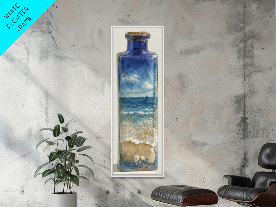 Bottle with Tiny Ship and Ocean Inside Framed Canvas Print, Nautical Art, Coastal Decor, Fine Art, Harbor, Fine Art Print, NAU-1x3-76