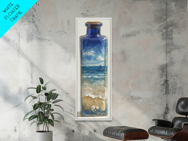Bottle with Tiny Ship and Ocean Inside Framed Canvas Print, Nautical Art, Coastal Decor, Fine Art, Harbor, Fine Art Print, NAU-1x3-76