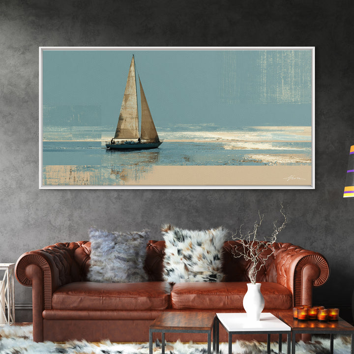 Blueprint Sailboat Technical Drawing Framed Canvas Print, Nautical Art, Statement Artwork, Coastal Decor, Fine Art, Harbor, NAU-2x1-20