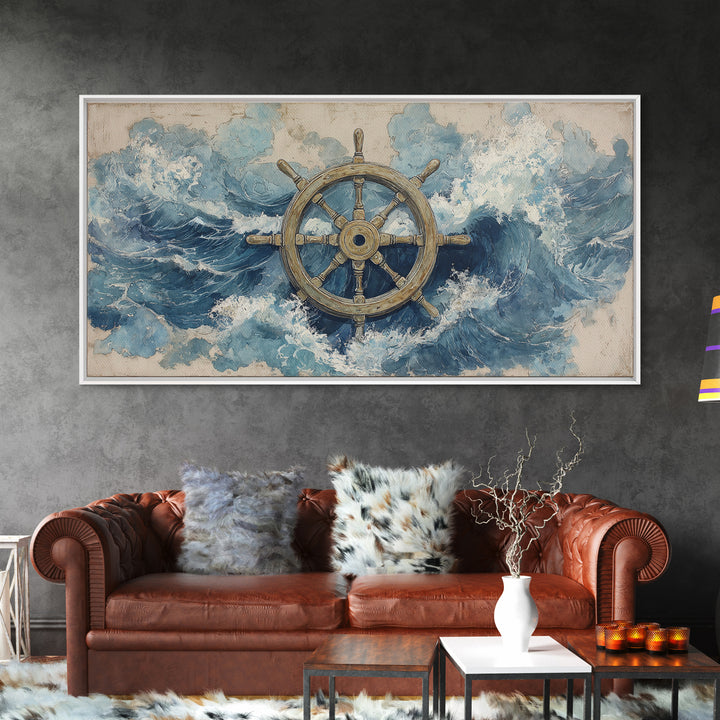 Ship Wheel with Sea Spray Background Framed Canvas Print, Nautical Art, Wall Art, Coastal Decor, Oil Painting, Harbor, NAU-2x1-35