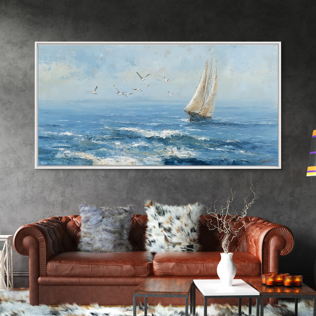 Sailboat Leaning into Wind on Blue Water Framed Canvas Print, Nautical Art, Digital Print, Coastal Decor, Fine Art, Harbor, NAU-2x1-45