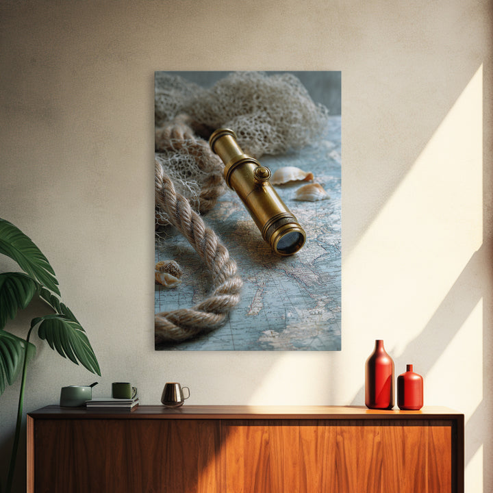 Brass Telescope and Old Map Still Life Canvas Print, Nautical Art, Wall Art, Coastal Decor, Oil Painting, Harbor, Digital Print, NAU-2x3-14