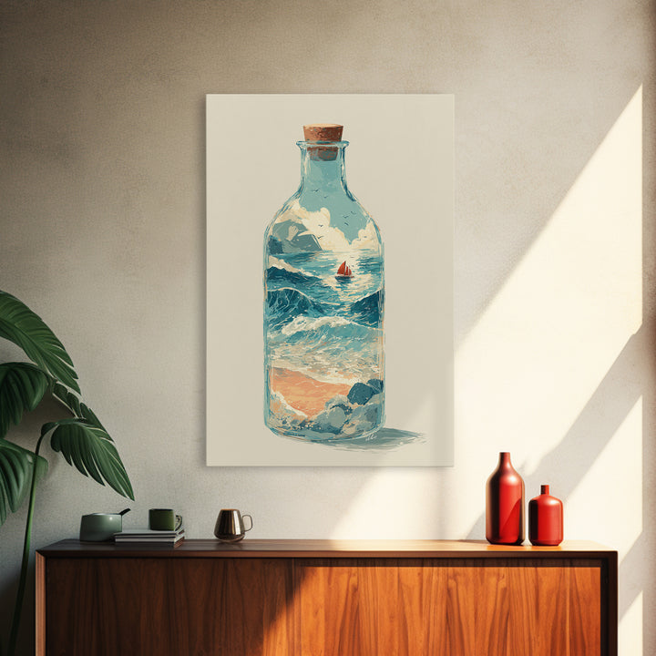 Bottle with Tiny Ship and Ocean Inside Framed Canvas Print, Nautical Art, Modern Decor, Coastal Decor, Fine Art, Harbor, NAU-2x3-24