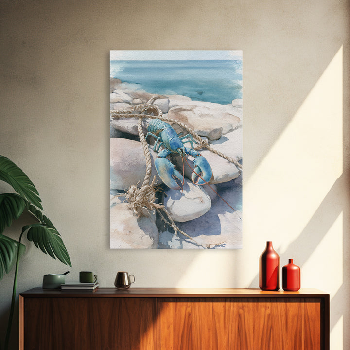 Lobster and Rope Coastal Illustration Framed Canvas Print, Nautical Art, Beach Decor, Coastal Decor, Fine Art, Harbor, NAU-2x3-28
