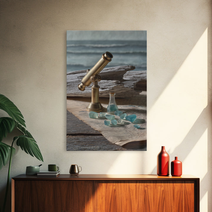 Brass Telescope and Old Map Still Life Framed Canvas Print, Nautical Art, Art Print, Coastal Decor, Fine Art, Harbor, NAU-2x3-38