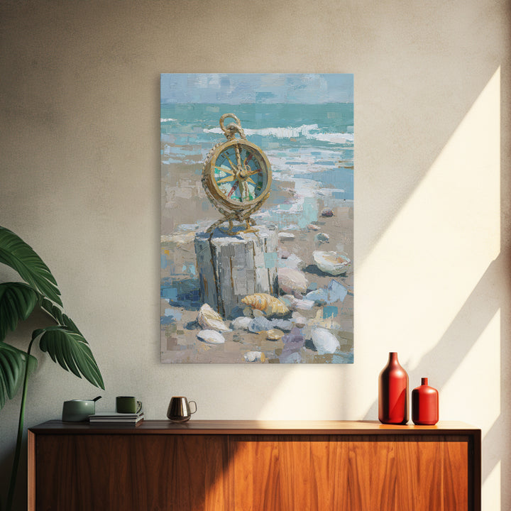 Antique Compass with Rope and Shells Canvas Print, Nautical Art, Antique Decor, Coastal Decor, Harbor, Downloadable Prints, NAU-2x3-82