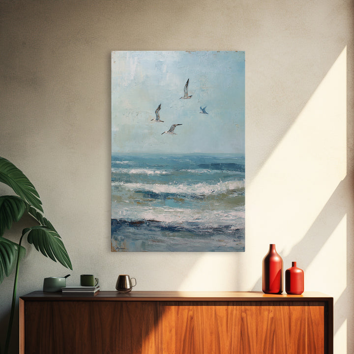 Coastal Gulls Flying Framed Canvas Print, Nautical Art, Coastal Wall Art, Coastal Decor, Fine Art, Harbor, Neutral Decor, NAU-2x3-97