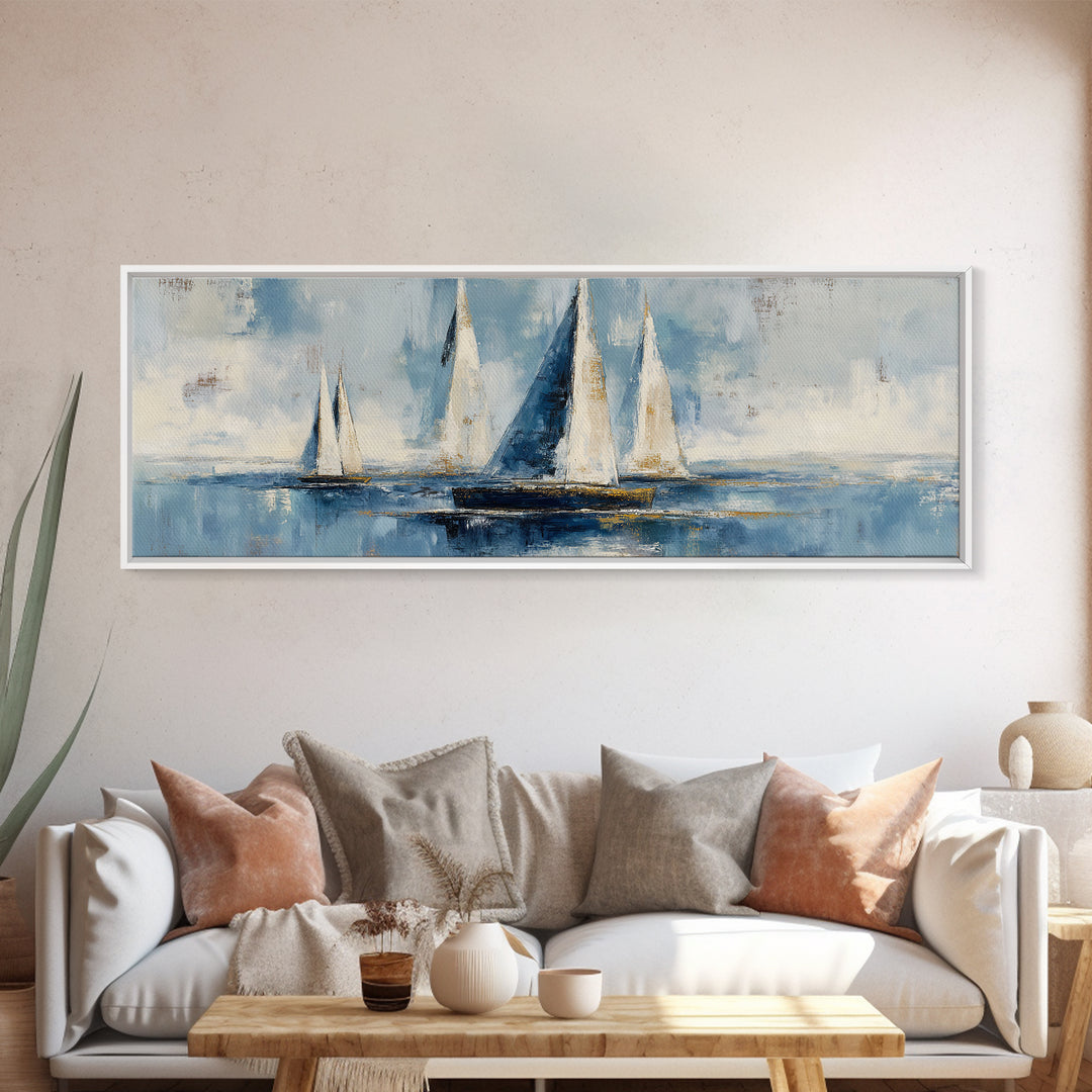 Sailboat Leaning into Wind on Blue Water Framed Canvas Print, Nautical Art, Coastal Art, Coastal Decor, Fine Art, Harbor, NAU-3x1-17