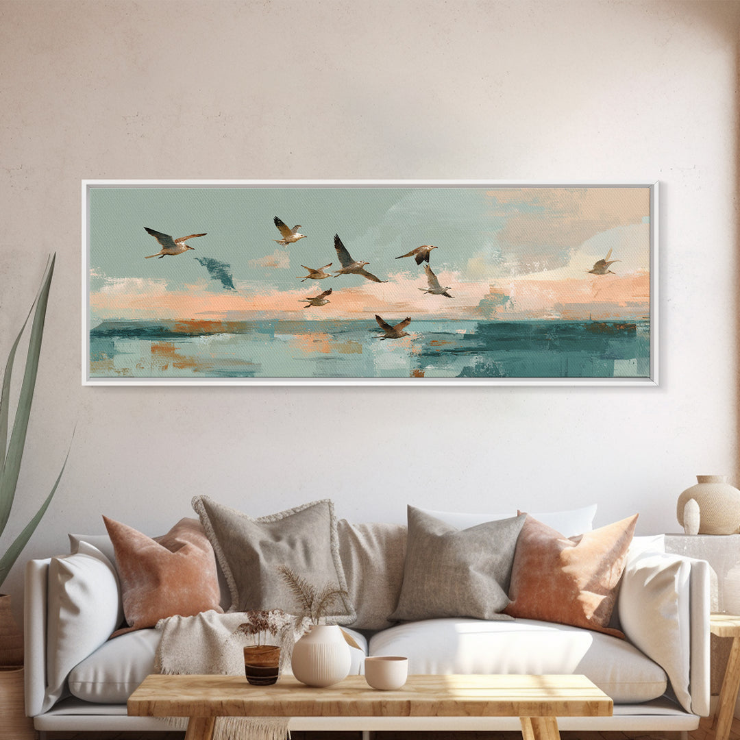 Coastal Gulls Flying Canvas Print, Nautical Art, Beach Decor, Coastal Decor, Fine Art, Harbor, Statement Artwork, Boho Decor, NAU-3x1-33