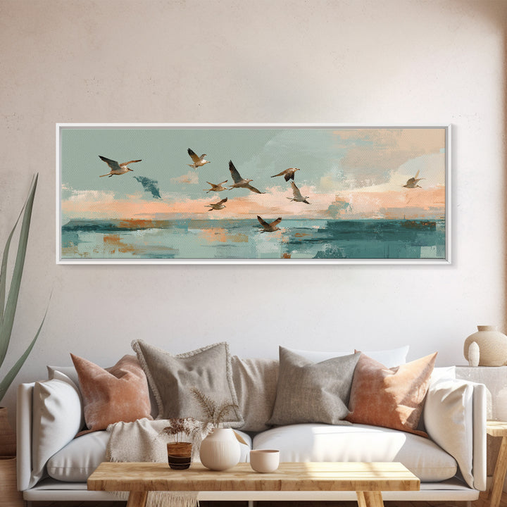 Coastal Gulls Flying Canvas Print, Nautical Art, Beach Decor, Coastal Decor, Fine Art, Harbor, Statement Artwork, Boho Decor, NAU-3x1-33