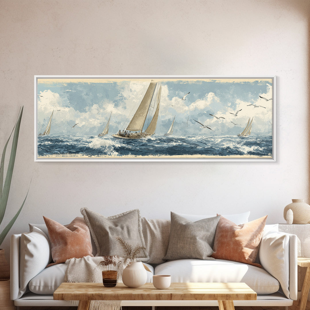 Classic Yacht Racing Through Whitecaps Canvas Print, Nautical Art, Minimalist Decor, Coastal Decor, Fine Art, Harbor, NAU-3x1-35