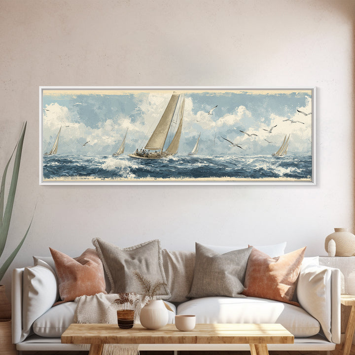 Classic Yacht Racing Through Whitecaps Canvas Print, Nautical Art, Minimalist Decor, Coastal Decor, Fine Art, Harbor, NAU-3x1-35